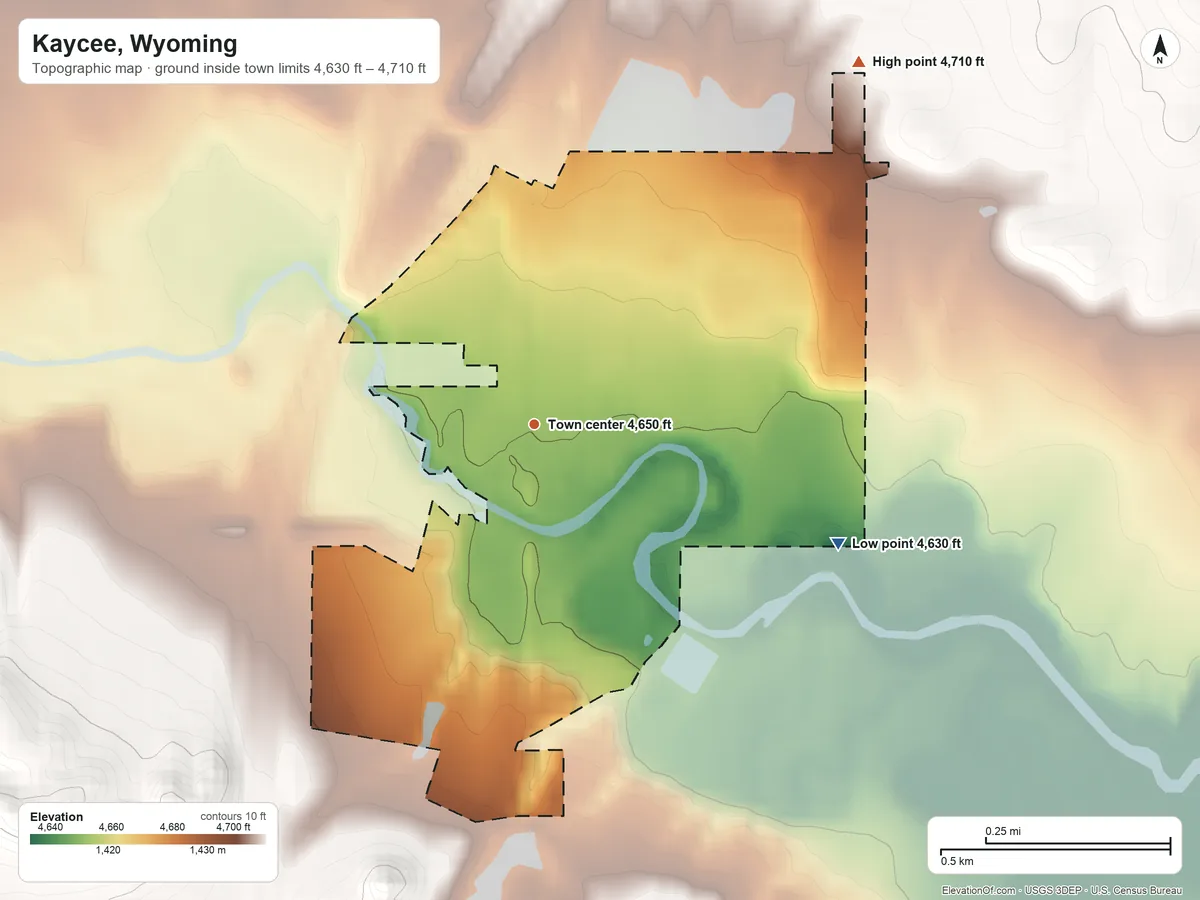 Topographic elevation map of Kaycee, Wyoming, shaded from 4,630 ft on the east side to 4,710 ft on the northeast side