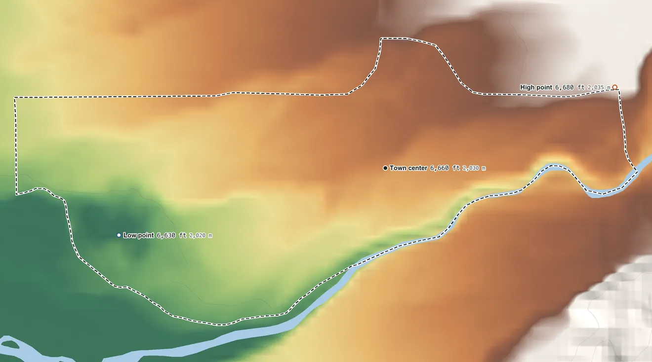 Topographic elevation map of Kelly, Wyoming, shaded from 6,630 ft on the west side to 6,680 ft at the foot of the Red Hills