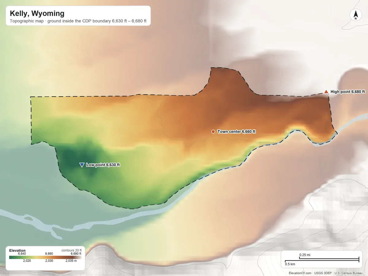 Topographic elevation map of Kelly, Wyoming, shaded from 6,630 ft on the west side to 6,680 ft at the foot of the Red Hills