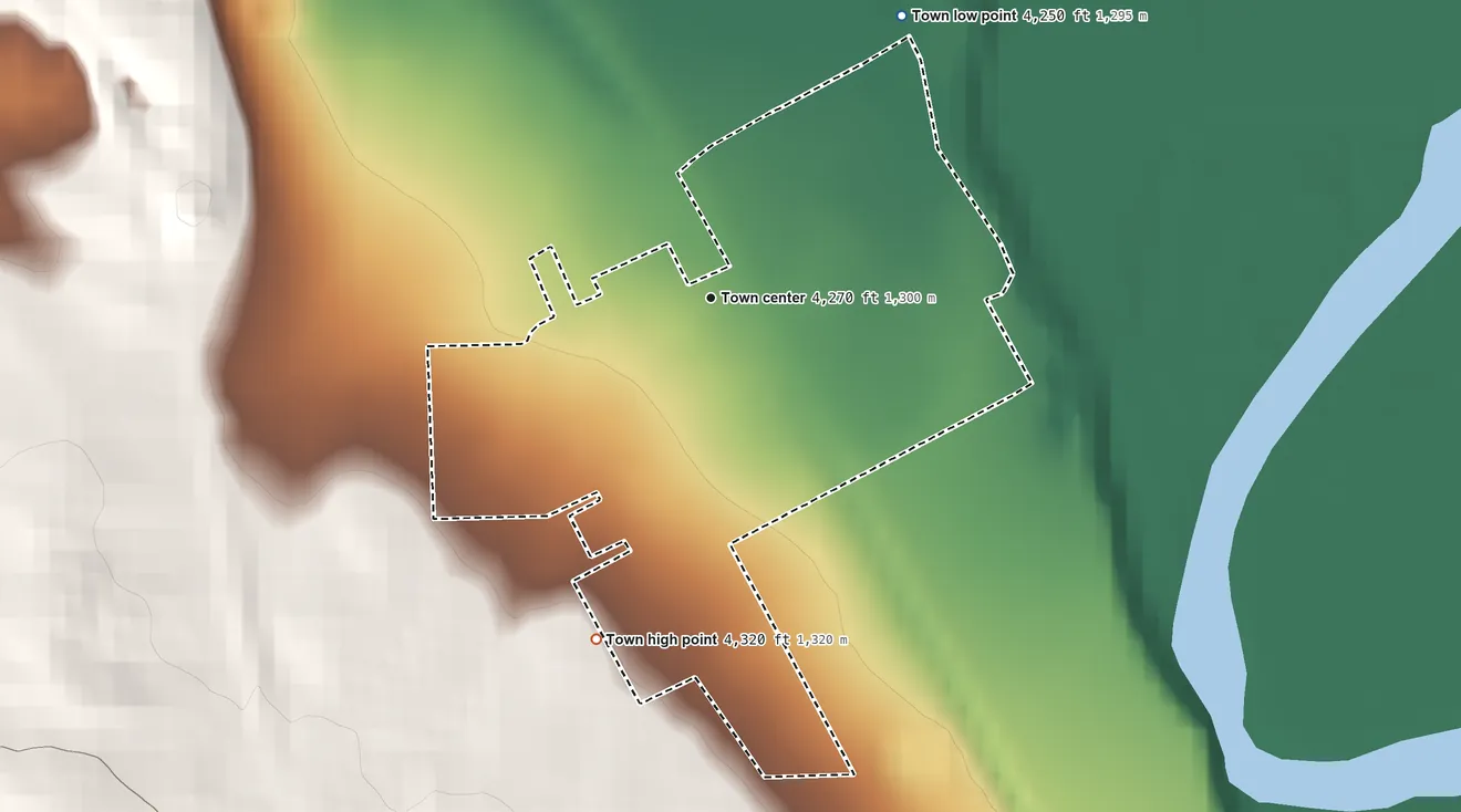 Topographic elevation map of Kirby, Wyoming, shaded from 4,250 ft on the northeast side to 4,320 ft on the south edge, below higher ground just outside