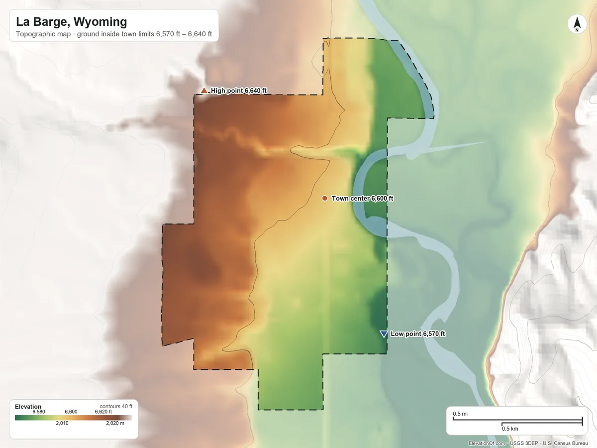 Topographic elevation map of La Barge, Wyoming, shaded from 6,570 ft on the southeast side to 6,640 ft on the northwest edge, below higher ground just outside