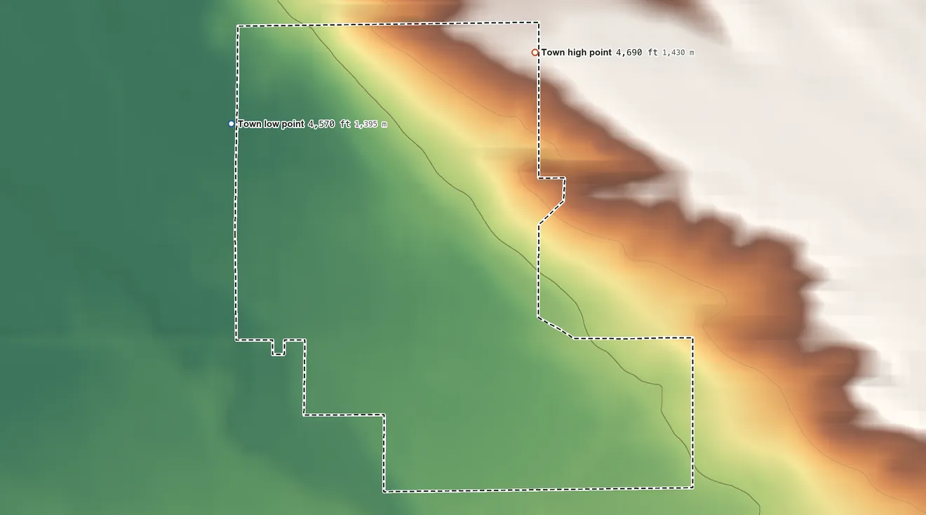 Topographic elevation map of LaGrange, Wyoming, shaded from 4,570 ft on the northwest side to 4,690 ft on the northeast side