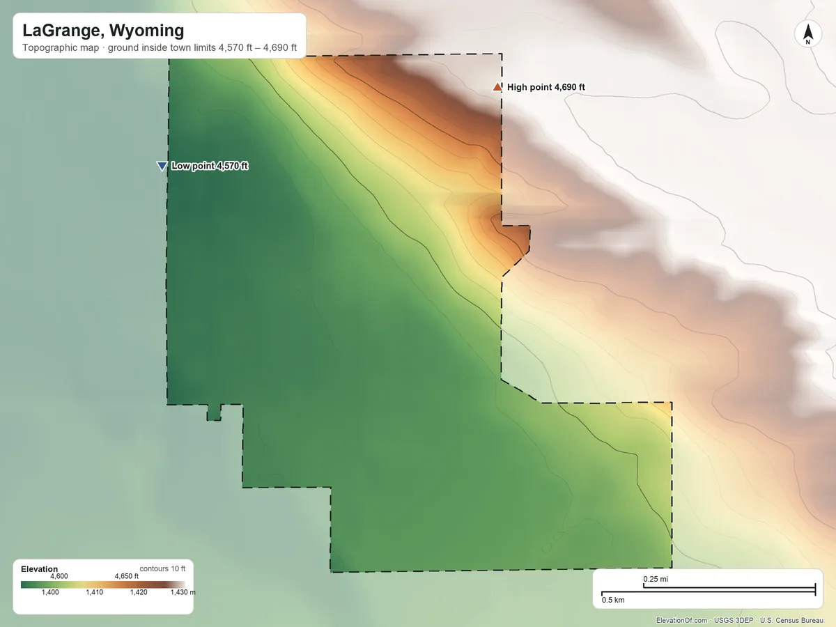 Topographic elevation map of LaGrange, Wyoming, shaded from 4,570 ft on the northwest side to 4,690 ft on the northeast side