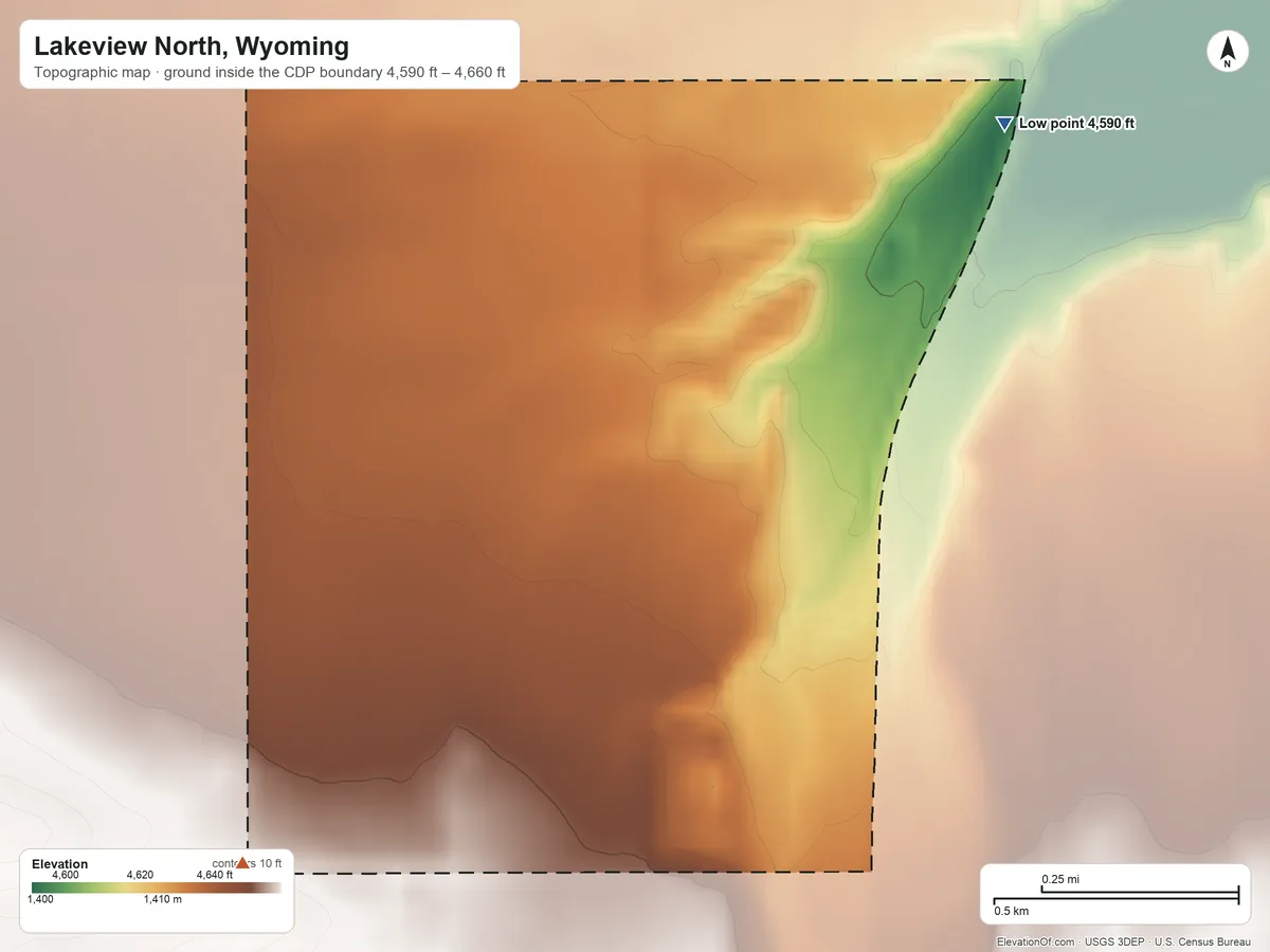 Topographic elevation map of Lakeview North, Wyoming, shaded from 4,590 ft on the northeast side to 4,660 ft on the southwest side