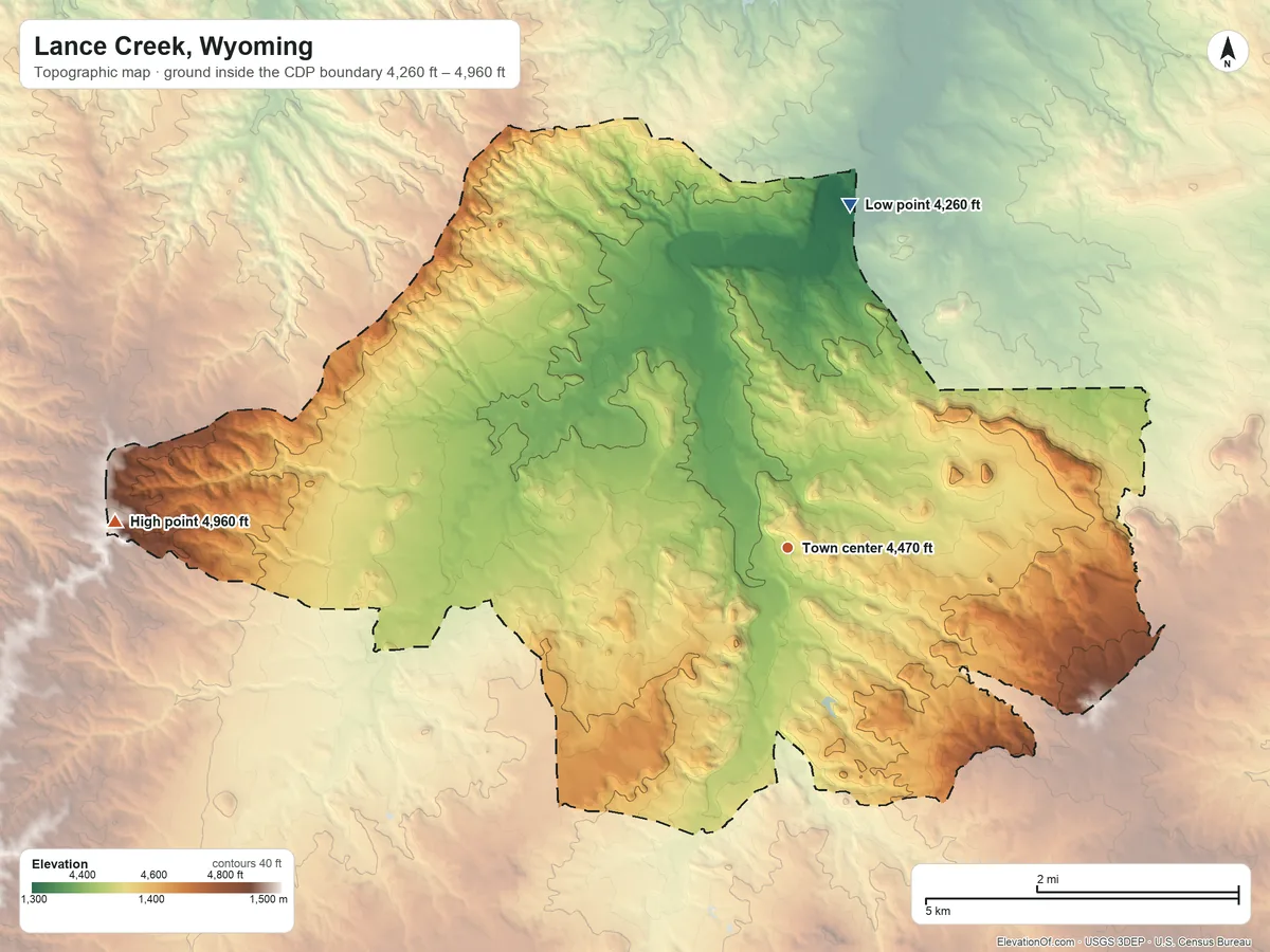 Topographic elevation map of Lance Creek, Wyoming, shaded from 4,260 ft on the north side to 4,960 ft on the west side