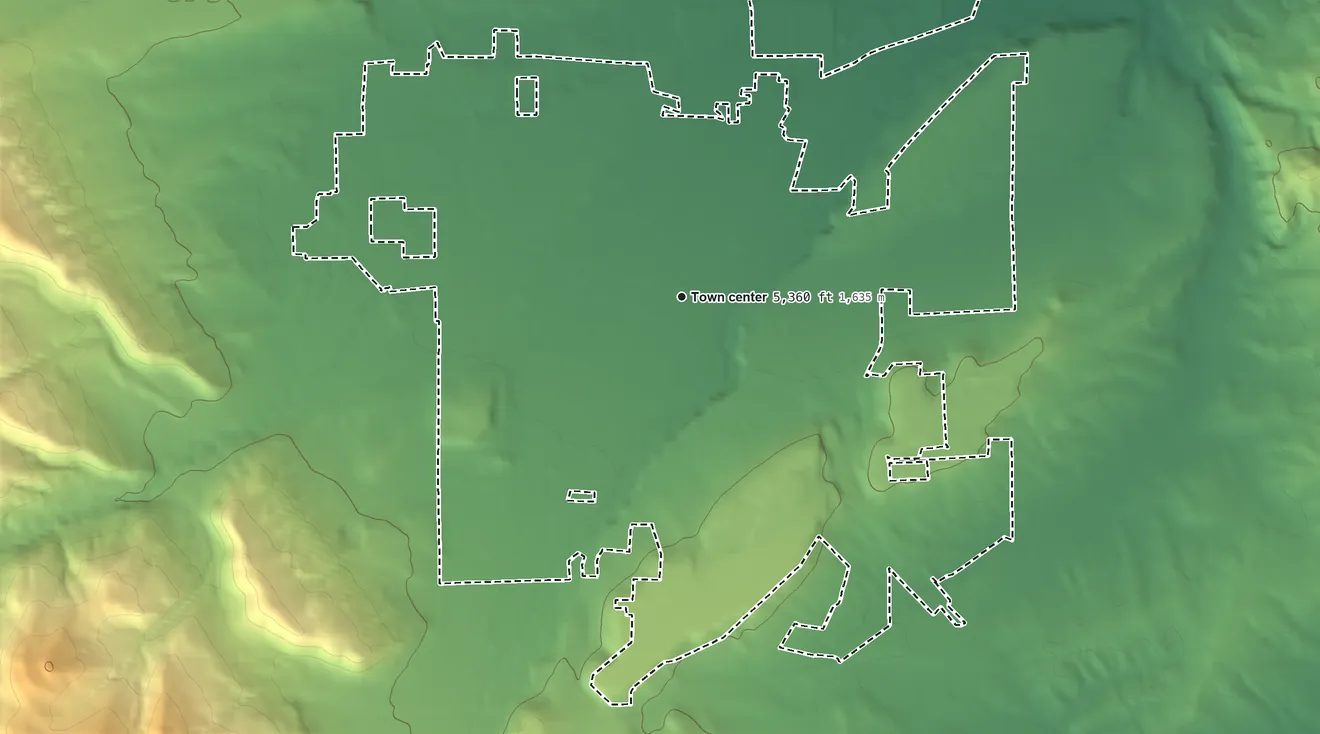 Topographic elevation map of Lander, Wyoming, shaded from 5,260 ft on the northeast side to 6,700 ft at the foot of the Freak Mountains