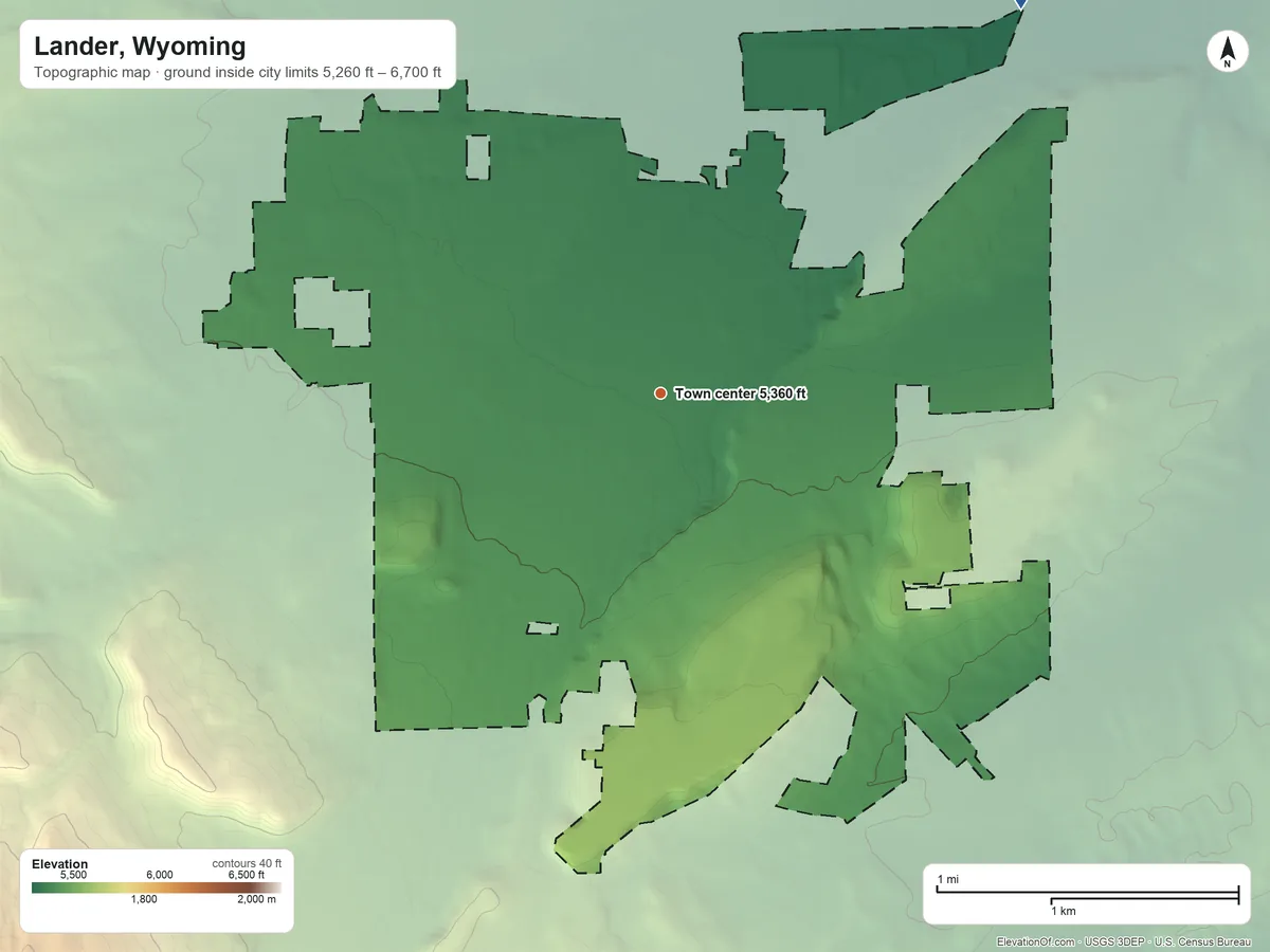 Topographic elevation map of Lander, Wyoming, shaded from 5,260 ft on the northeast side to 6,700 ft at the foot of the Freak Mountains