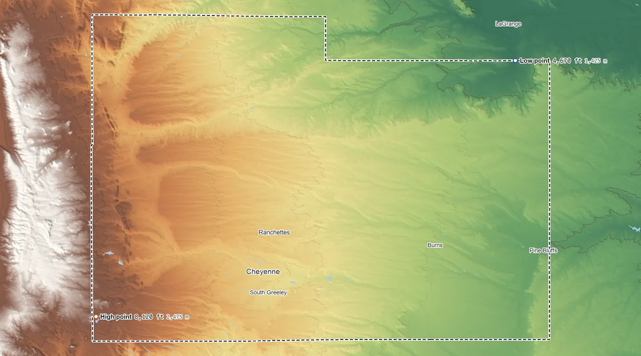 Topographic elevation map of Laramie County, Wyoming, shaded from 4,670 ft on the northeast side to 8,120 ft on the southwest side