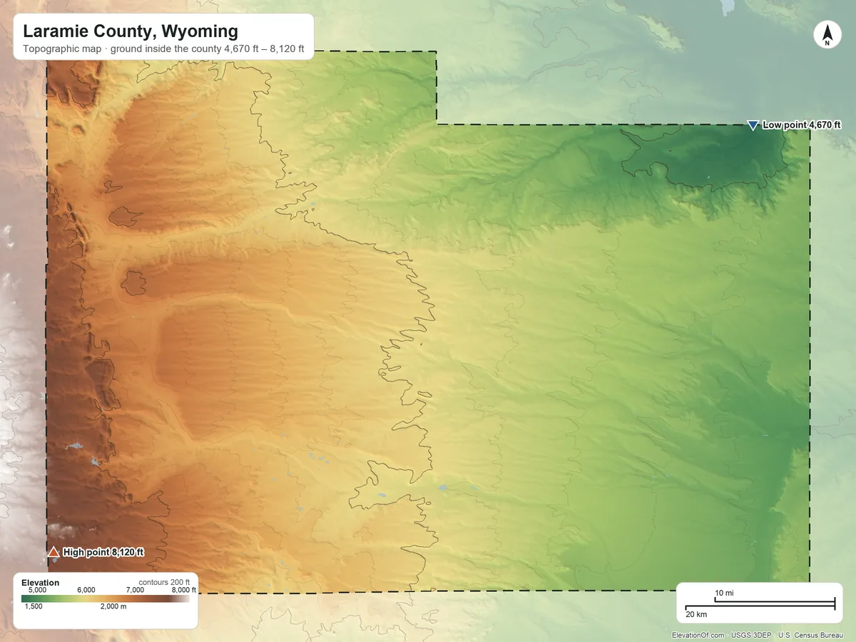 Topographic elevation map of Laramie County, Wyoming, shaded from 4,670 ft on the northeast side to 8,120 ft on the southwest side
