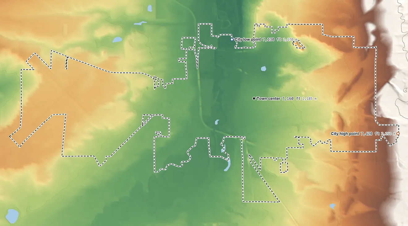 Topographic elevation map of Laramie, Wyoming, shaded from 7,130 ft on the north side to 7,420 ft at the foot of the Sherman Mountains
