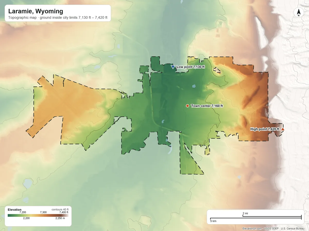 Topographic elevation map of Laramie, Wyoming, shaded from 7,130 ft on the north side to 7,420 ft at the foot of the Sherman Mountains