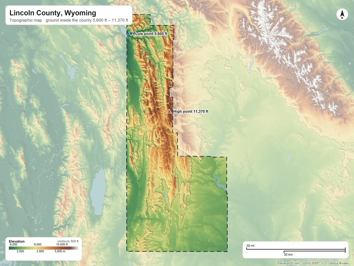 Topographic elevation map of Lincoln County, Wyoming, shaded from 5,600 ft on the northwest side to 11,370 ft on Wyoming Peak