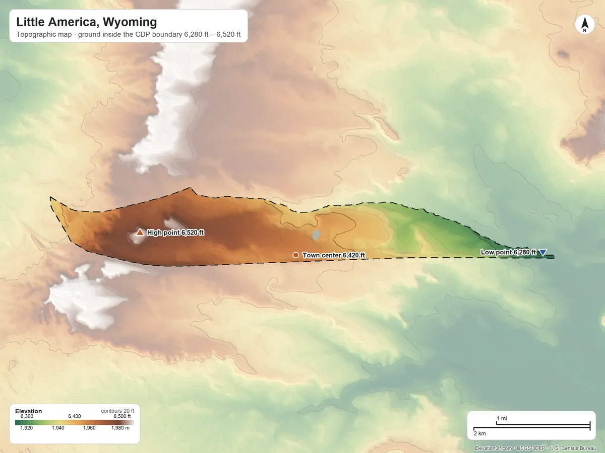Topographic elevation map of Little America, Wyoming, shaded from 6,280 ft on the east side to 6,520 ft on the west side