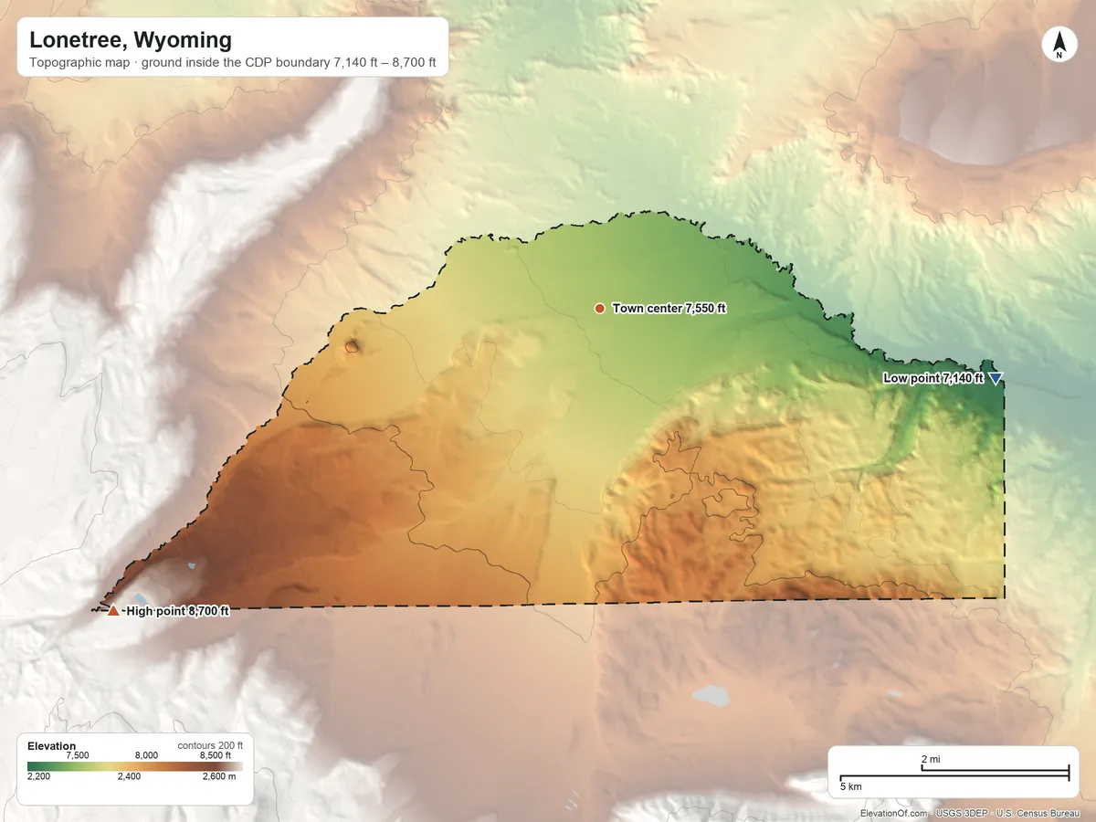 Topographic elevation map of Lonetree, Wyoming, shaded from 7,140 ft on the east side to 8,700 ft at the foot of the Bald Range
