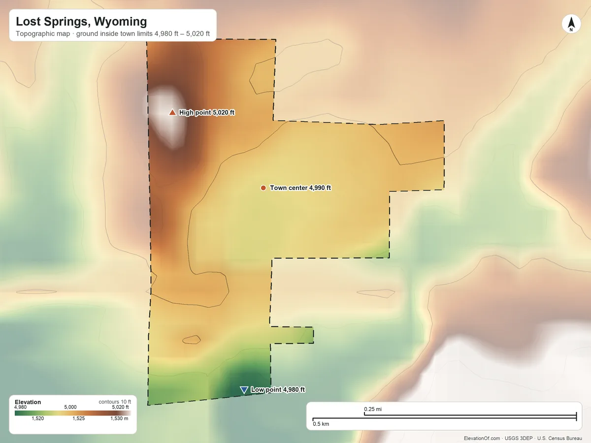 Topographic elevation map of Lost Springs, Wyoming, shaded from 4,980 ft on the south side to 5,020 ft on the northwest side