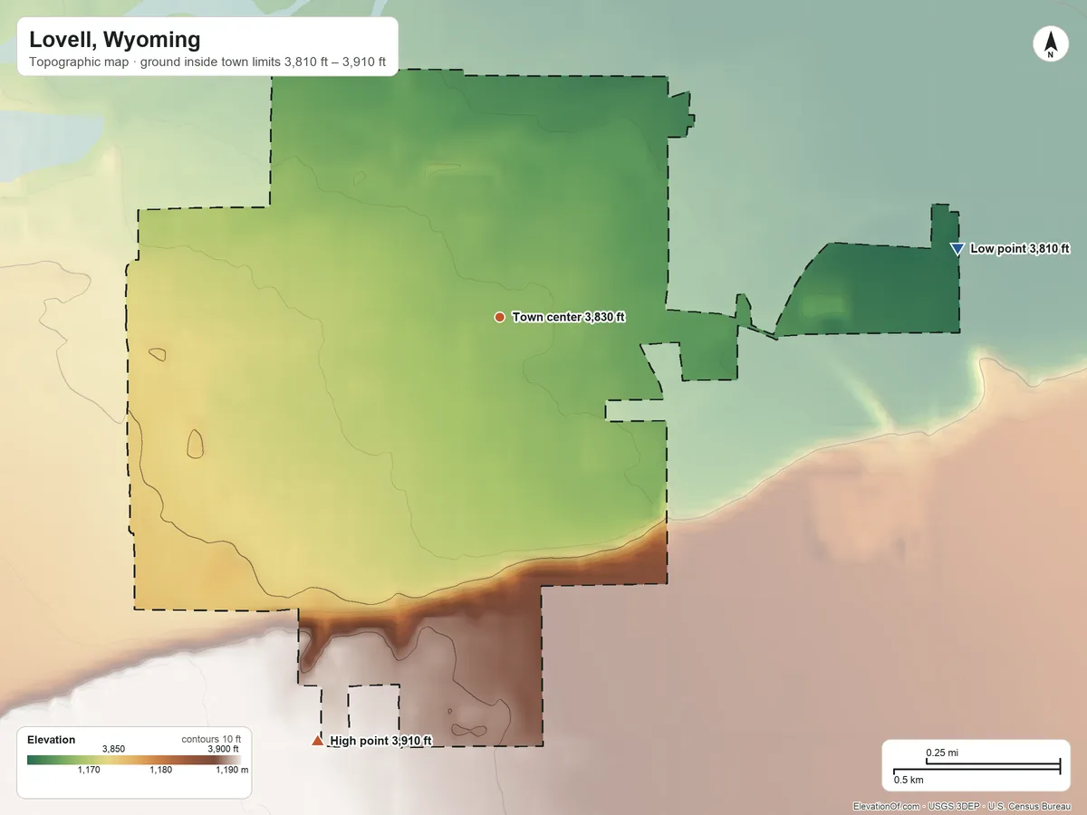 Topographic elevation map of Lovell, Wyoming, shaded from 3,810 ft on the east side to 3,910 ft on the southwest side