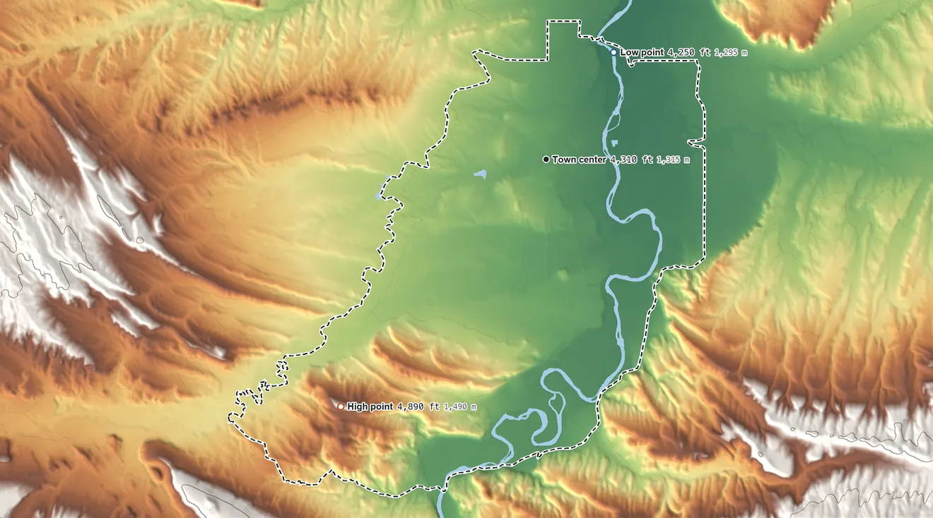 Topographic elevation map of Lucerne, Wyoming, shaded from 4,250 ft on the northeast side to 4,890 ft on the southwest side