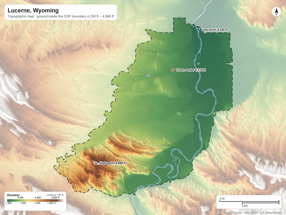 Topographic elevation map of Lucerne, Wyoming, shaded from 4,250 ft on the northeast side to 4,890 ft on the southwest side