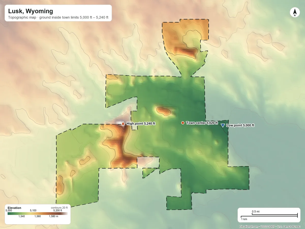 Topographic elevation map of Lusk, Wyoming, shaded from 5,000 ft on the east side to 5,240 ft on the west side
