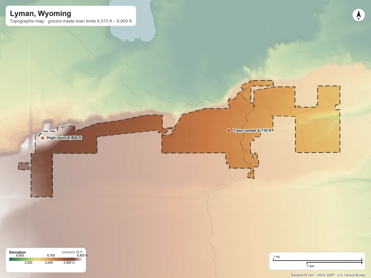 Topographic elevation map of Lyman, Wyoming, shaded from 6,570 ft on the northeast side to 6,800 ft on the west side