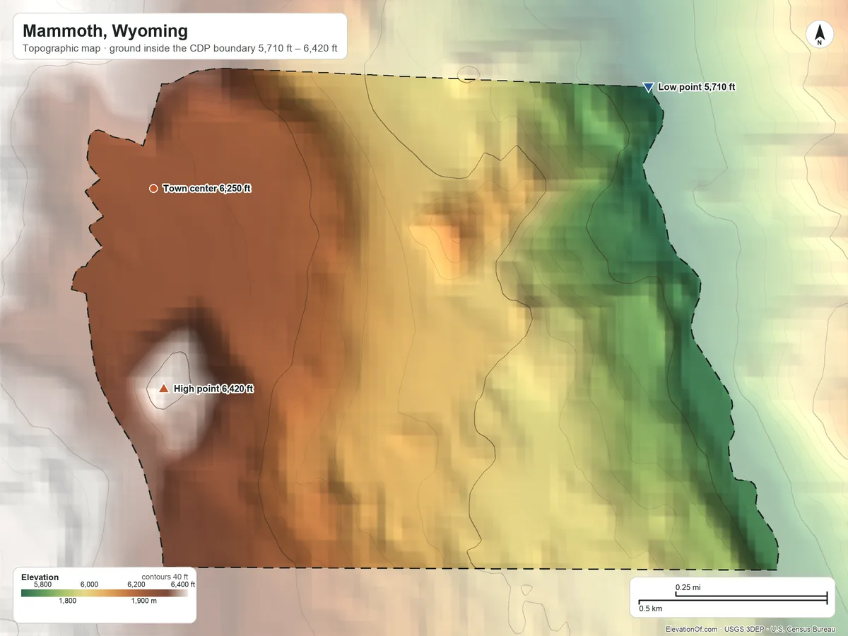 Topographic elevation map of Mammoth, Wyoming, shaded from 5,710 ft on the east side to 6,420 ft on the south edge, below higher ground just outside