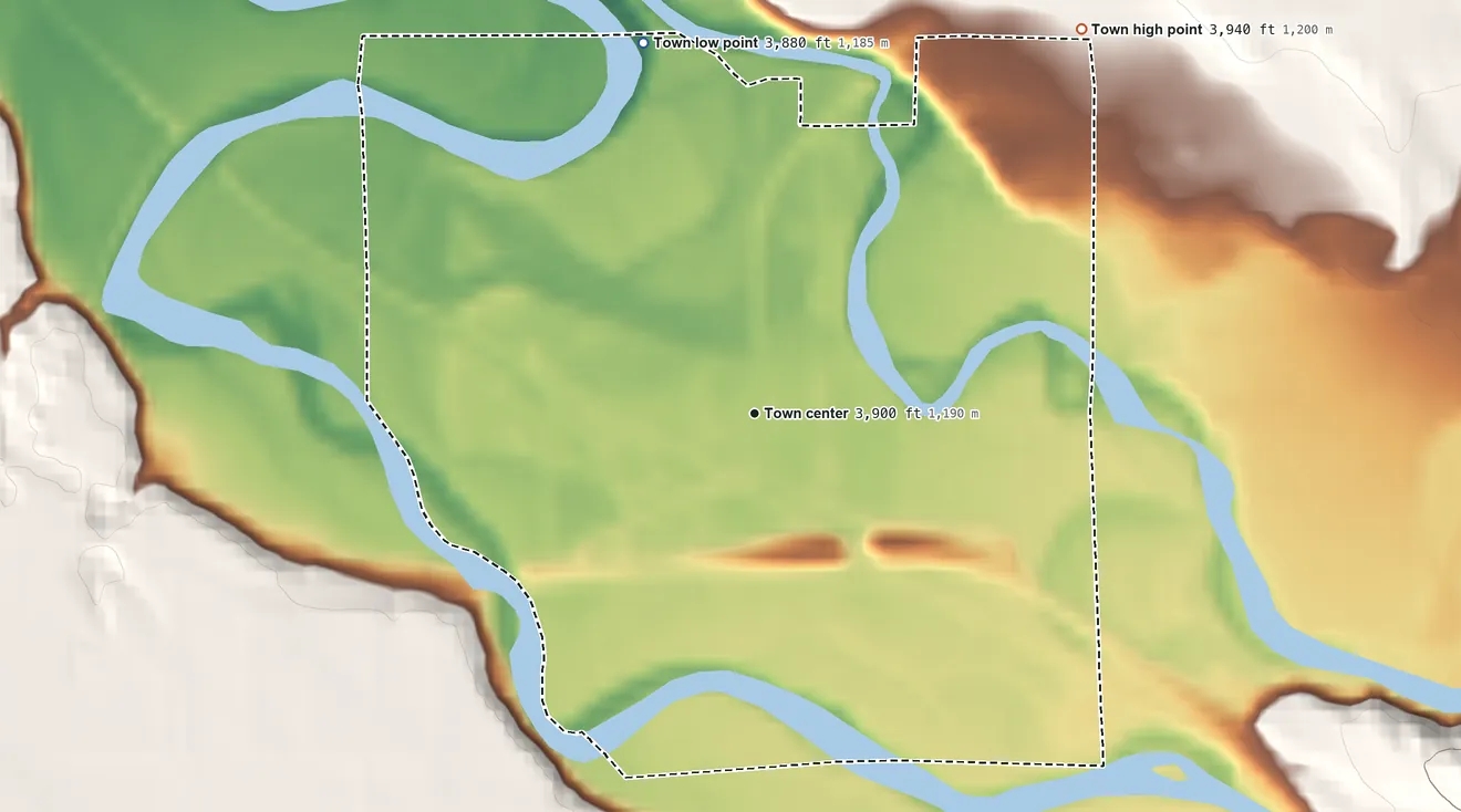 Topographic elevation map of Manderson, Wyoming, shaded from 3,880 ft on the north side to 3,940 ft on the northeast side