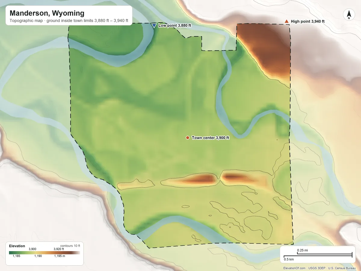 Topographic elevation map of Manderson, Wyoming, shaded from 3,880 ft on the north side to 3,940 ft on the northeast side