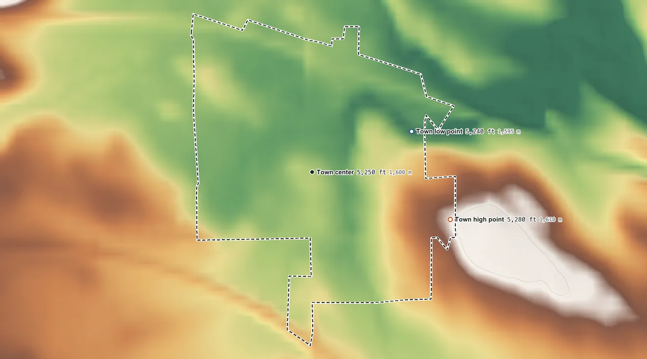 Topographic elevation map of Manville, Wyoming, shaded from 5,240 ft on the east side to 5,280 ft on the east side
