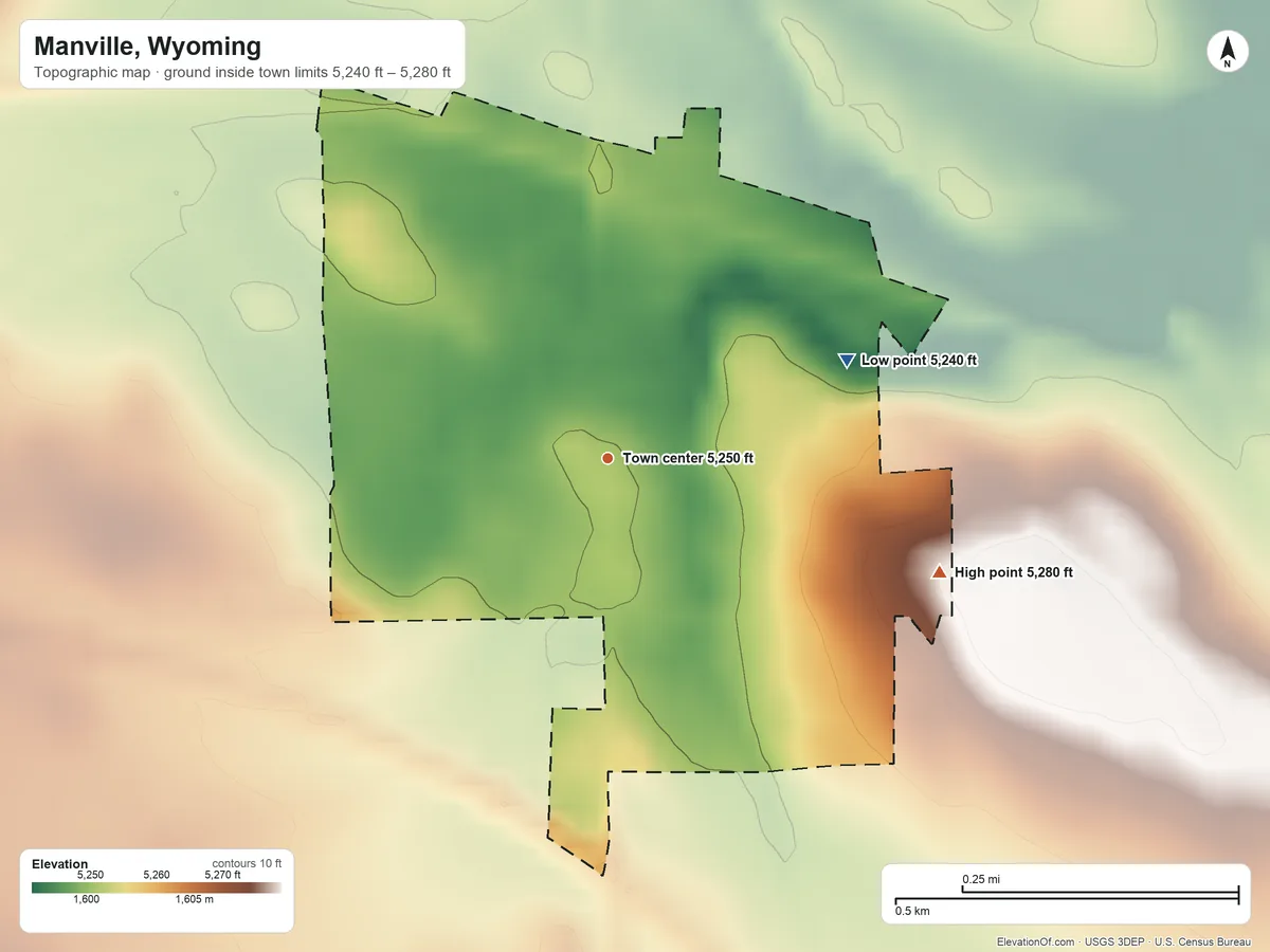 Topographic elevation map of Manville, Wyoming, shaded from 5,240 ft on the east side to 5,280 ft on the east side