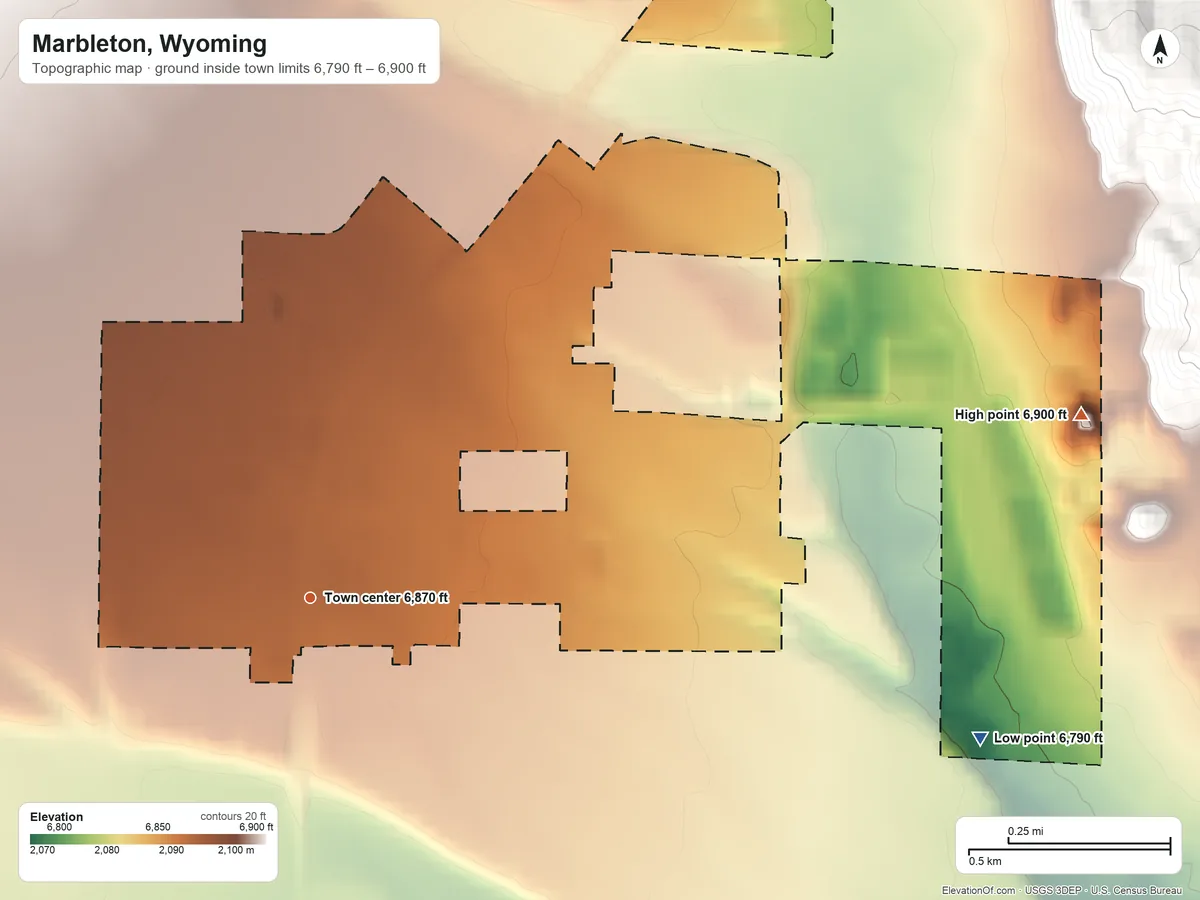 Topographic elevation map of Marbleton, Wyoming, shaded from 6,790 ft on the east side to 6,900 ft on the east side