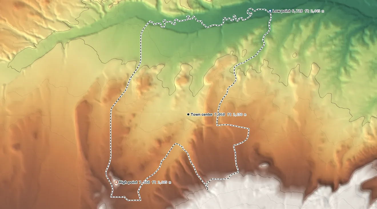 Topographic elevation map of McKinnon, Wyoming, shaded from 6,710 ft on the northeast side to 7,560 ft at the foot of the Bald Range