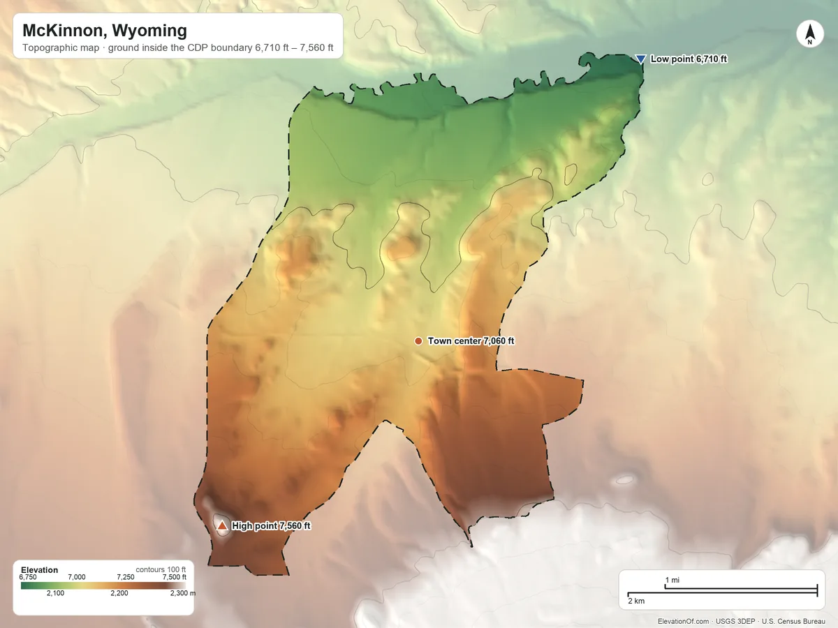 Topographic elevation map of McKinnon, Wyoming, shaded from 6,710 ft on the northeast side to 7,560 ft at the foot of the Bald Range
