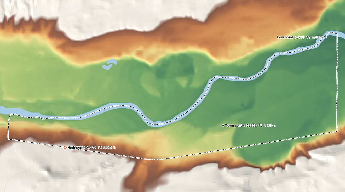 Topographic elevation map of Meadow Acres, Wyoming, shaded from 5,030 ft on the northeast side to 5,130 ft on the west side