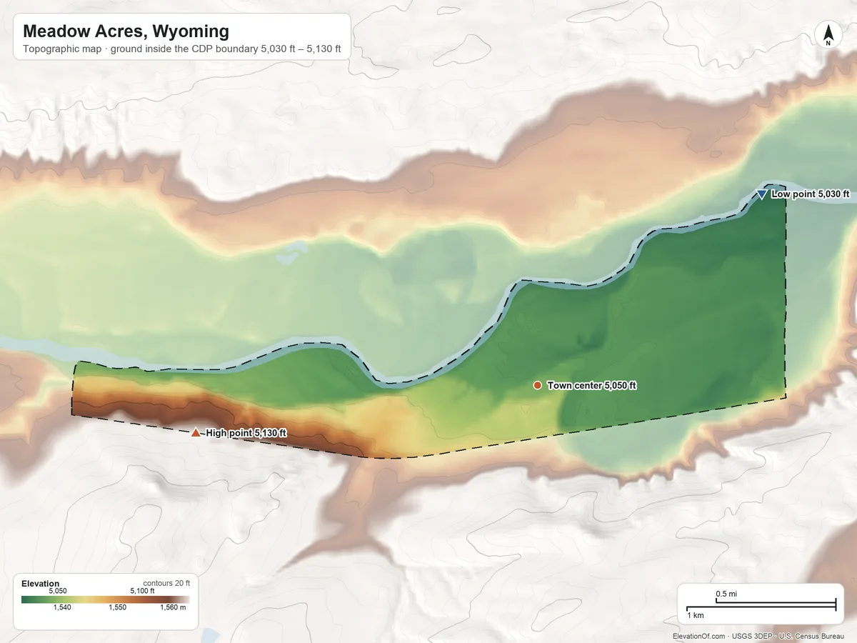 Topographic elevation map of Meadow Acres, Wyoming, shaded from 5,030 ft on the northeast side to 5,130 ft on the west side