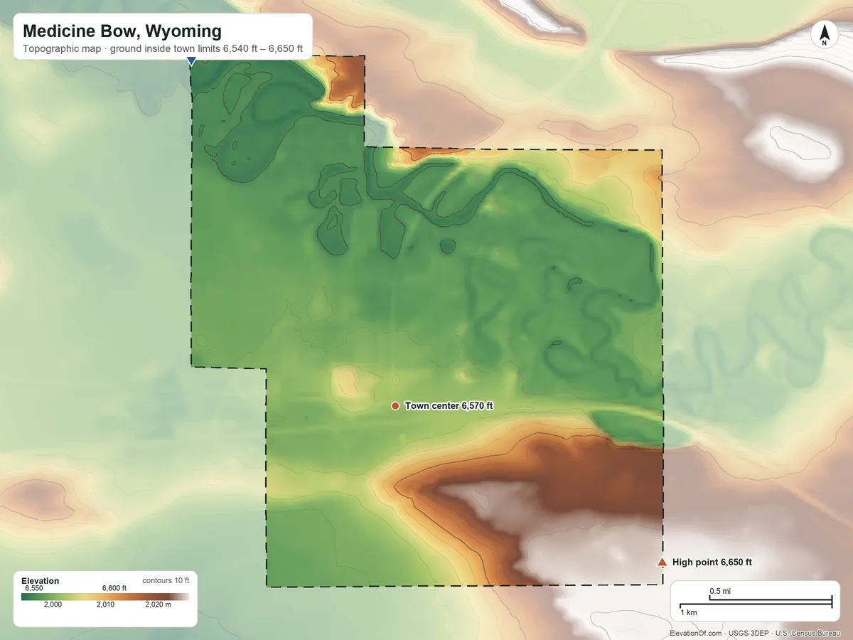 Topographic elevation map of Medicine Bow, Wyoming, shaded from 6,540 ft on the northwest side to 6,650 ft on the southeast side