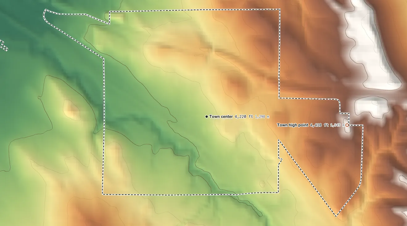 Topographic elevation map of Moorcroft, Wyoming, shaded from 4,150 ft on the west side to 4,410 ft on the east side