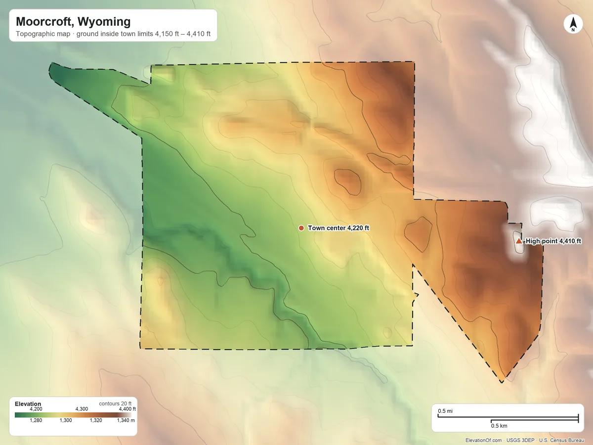 Topographic elevation map of Moorcroft, Wyoming, shaded from 4,150 ft on the west side to 4,410 ft on the east side