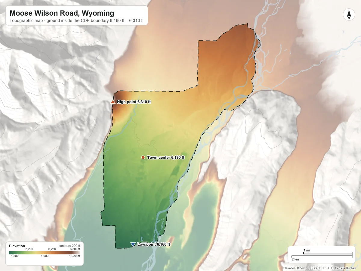 Topographic elevation map of Moose Wilson Road, Wyoming, shaded from 6,160 ft on the south side to 6,310 ft at the foot of the Rocky Mountains