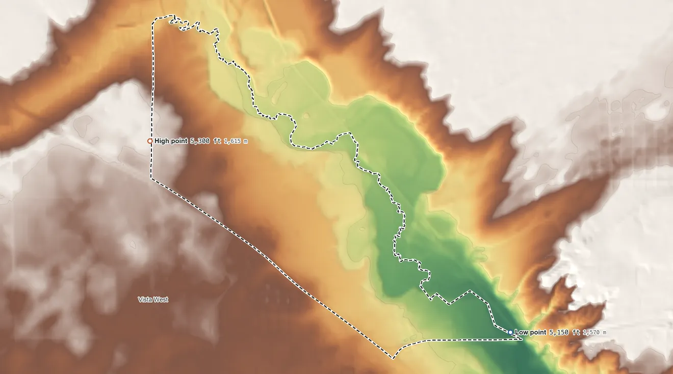 Topographic elevation map of Mountain View, Natrona County, Wyoming, shaded from 5,150 ft on the southeast side to 5,300 ft on the northwest side