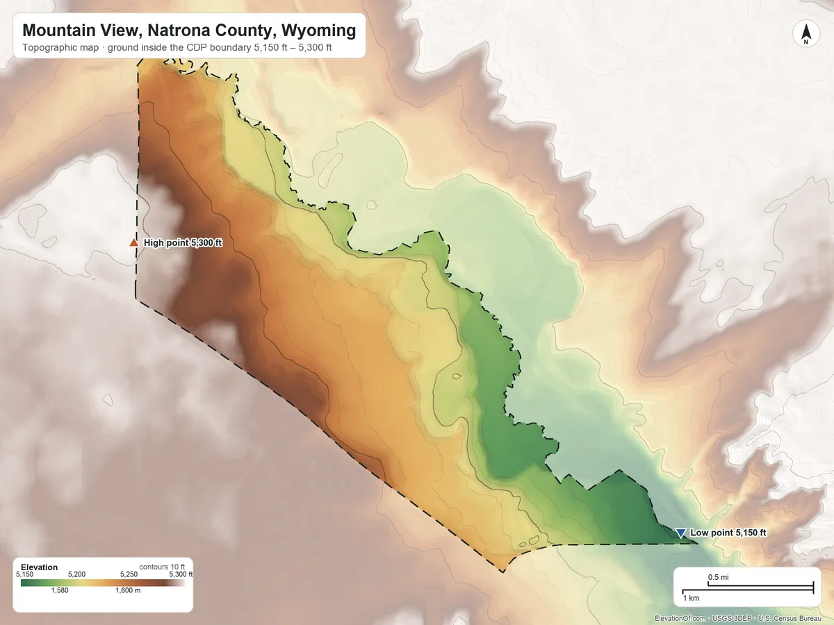 Topographic elevation map of Mountain View, Natrona County, Wyoming, shaded from 5,150 ft on the southeast side to 5,300 ft on the northwest side