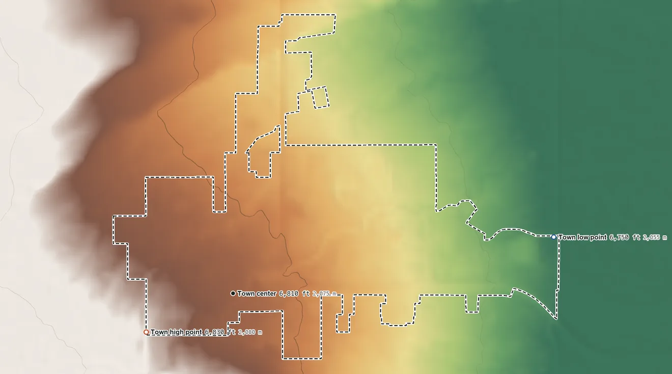 Topographic elevation map of Mountain View, Wyoming, shaded from 6,750 ft on the east side to 6,830 ft on the southwest side