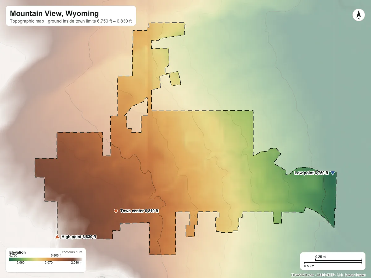 Topographic elevation map of Mountain View, Wyoming, shaded from 6,750 ft on the east side to 6,830 ft on the southwest side