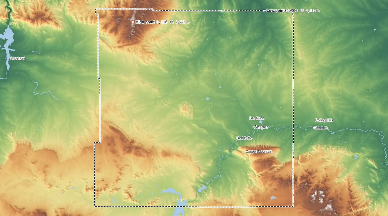 Topographic elevation map of Natrona County, Wyoming, shaded from 4,700 ft on the northeast side to 9,110 ft on the northwest side