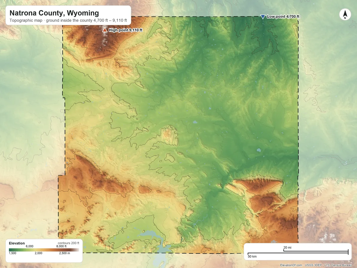 Topographic elevation map of Natrona County, Wyoming, shaded from 4,700 ft on the northeast side to 9,110 ft on the northwest side