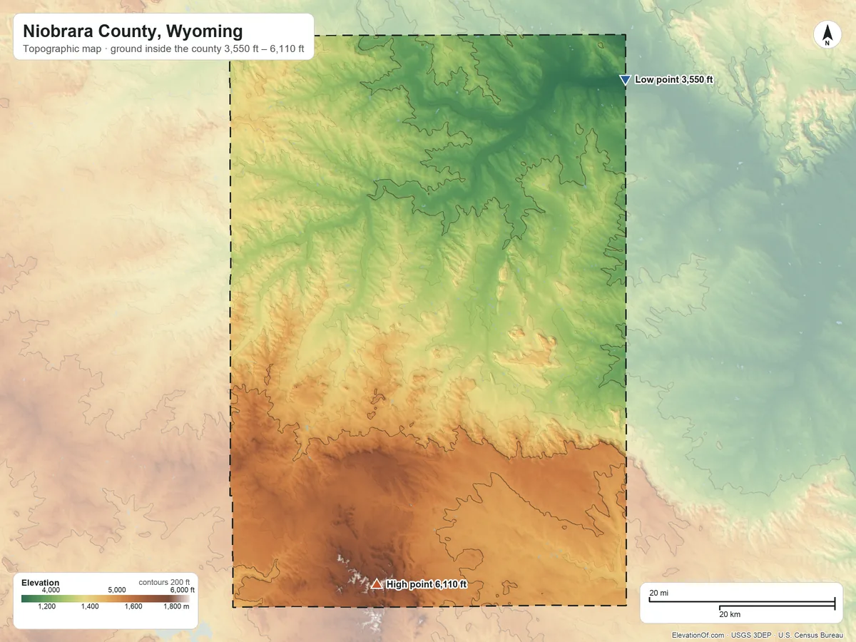 Topographic elevation map of Niobrara County, Wyoming, shaded from 3,550 ft on the northeast side to 6,110 ft on the south side