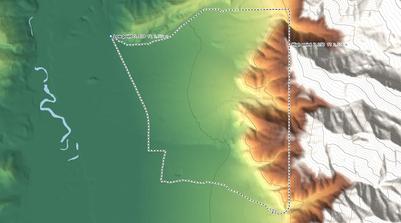 Topographic elevation map of Nordic, Wyoming, shaded from 5,810 ft on the northwest side to 7,290 ft at the foot of the Snake River Range