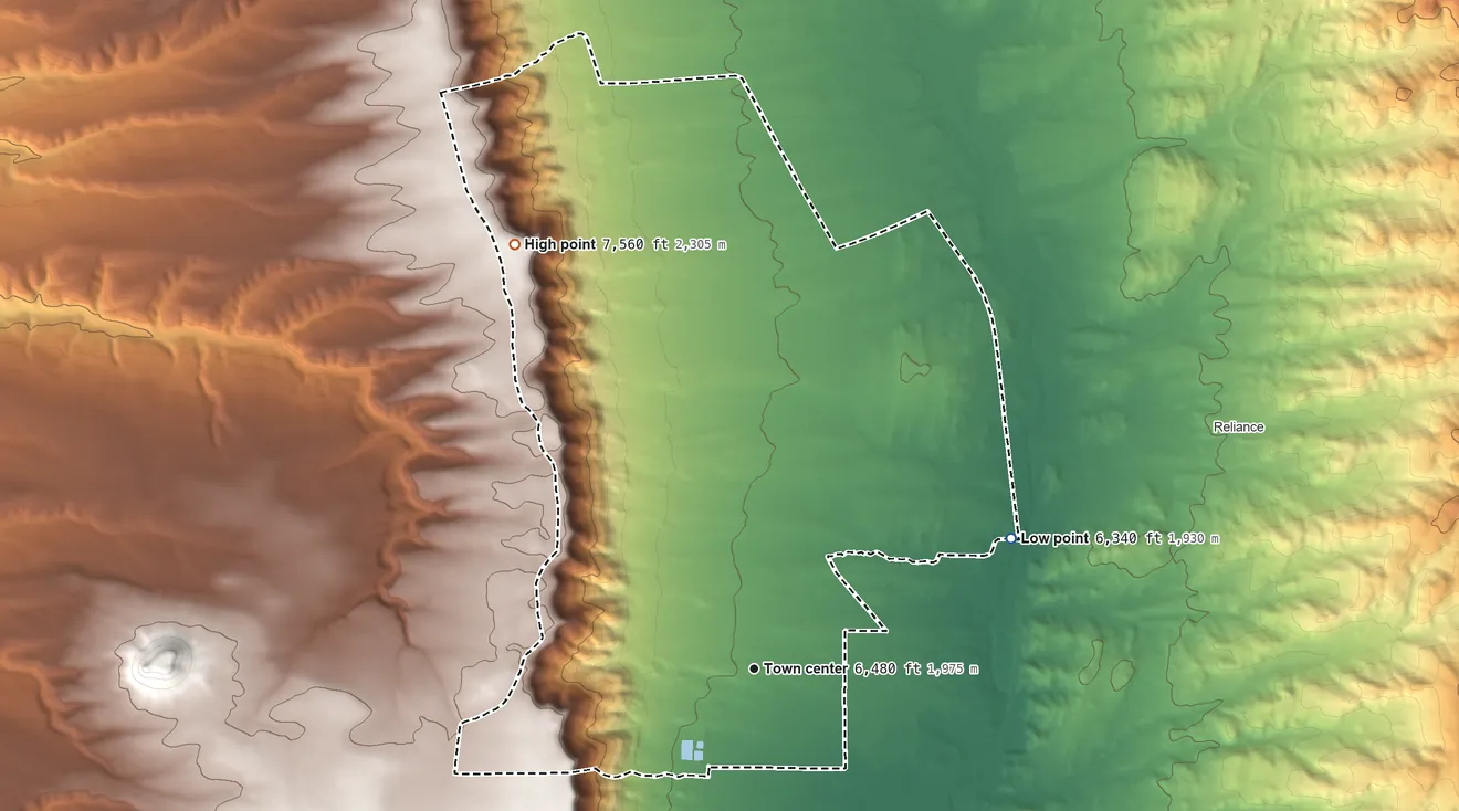 Topographic elevation map of North Rock Springs, Wyoming, shaded from 6,340 ft on the northeast side to 7,560 ft on the northwest side