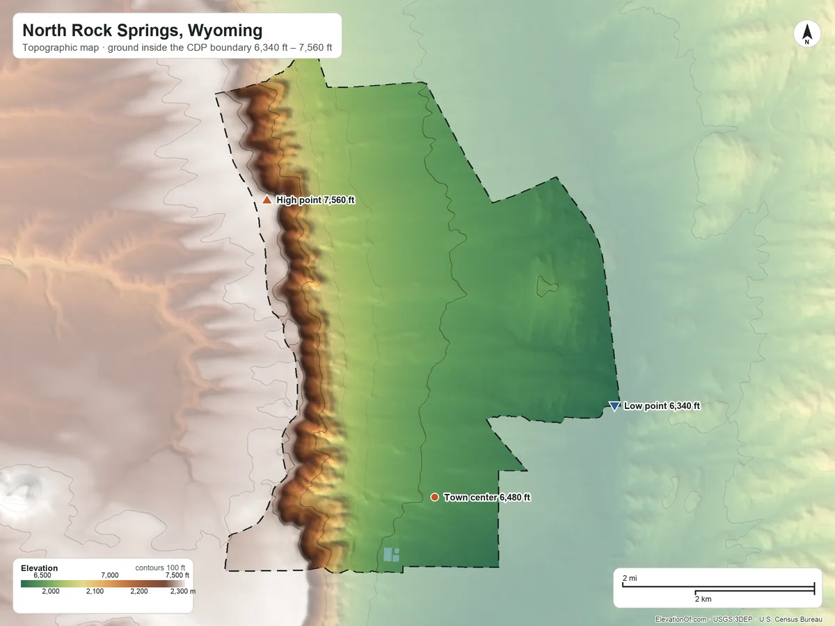 Topographic elevation map of North Rock Springs, Wyoming, shaded from 6,340 ft on the northeast side to 7,560 ft on the northwest side