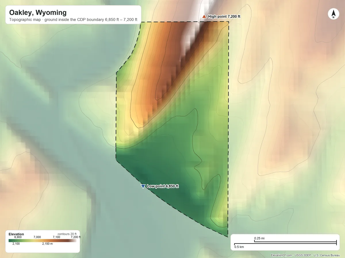 Topographic elevation map of Oakley, Wyoming, shaded from 6,850 ft on the southwest side to 7,200 ft on the north edge, below higher ground just outside
