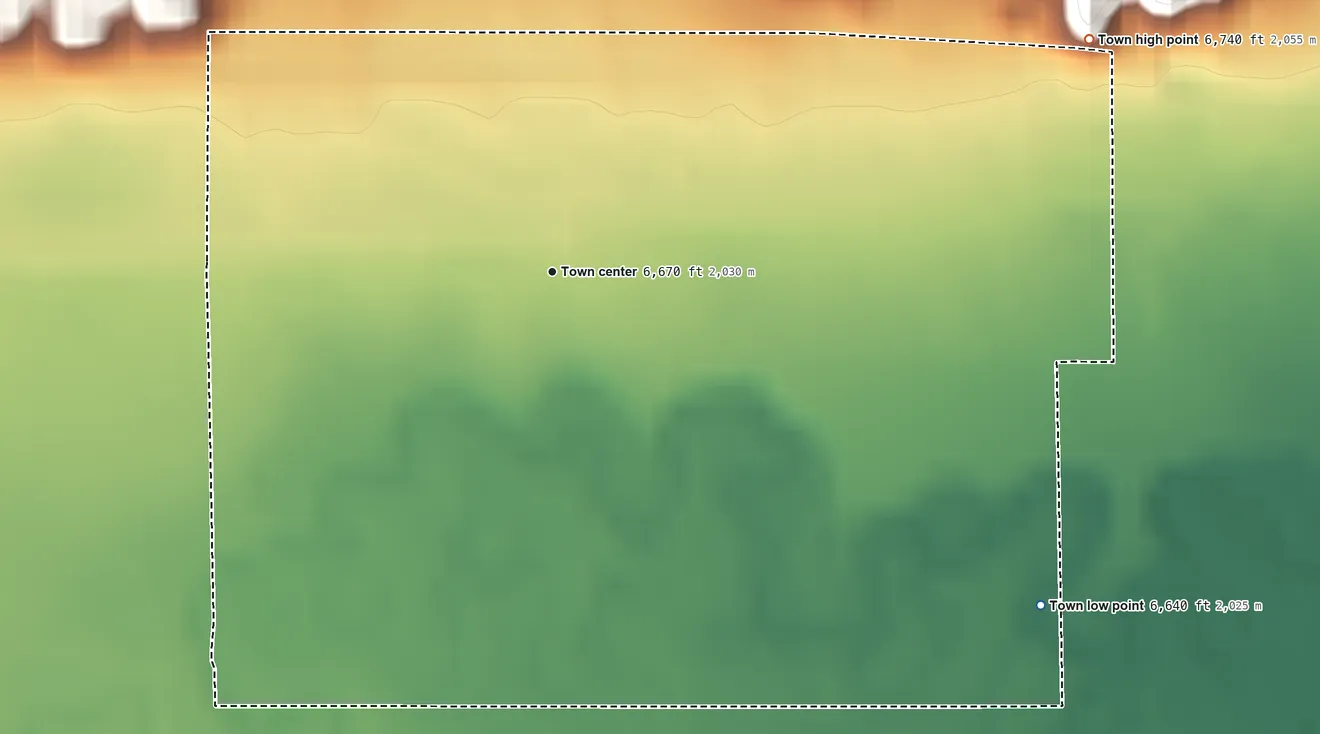 Topographic elevation map of Opal, Wyoming, shaded from 6,640 ft on the southeast side to 6,740 ft on the northeast side